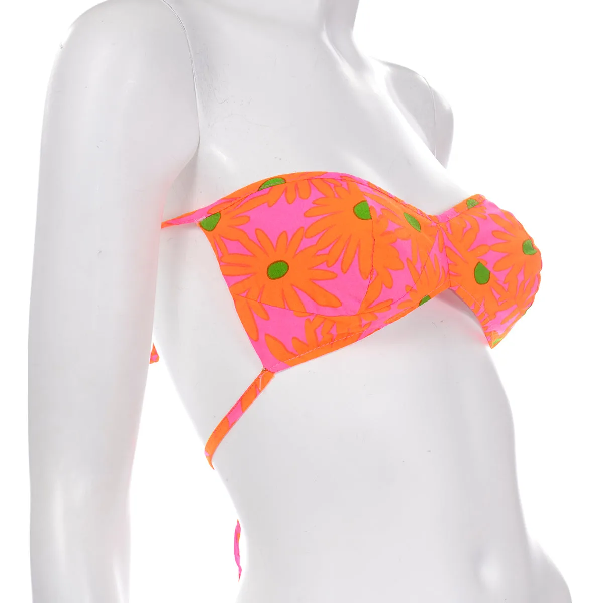 1970s High Tide Neon Pink Daisy Two Piece Strapless Bikini