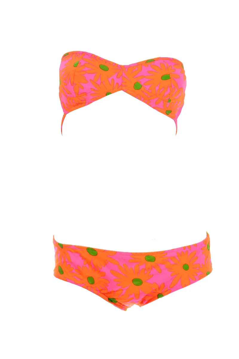 1970s High Tide Neon Pink Daisy Two Piece Strapless Bikini