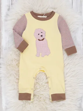 Canary & Brown Embroidered Puppy Romper