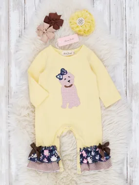 Canary & Brown Embroidered Puppy Ruffle Romper