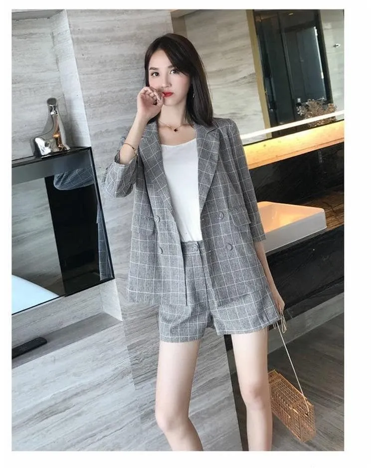 Elegant Plaid Two-Piece-Set (Blazer   Shorts)