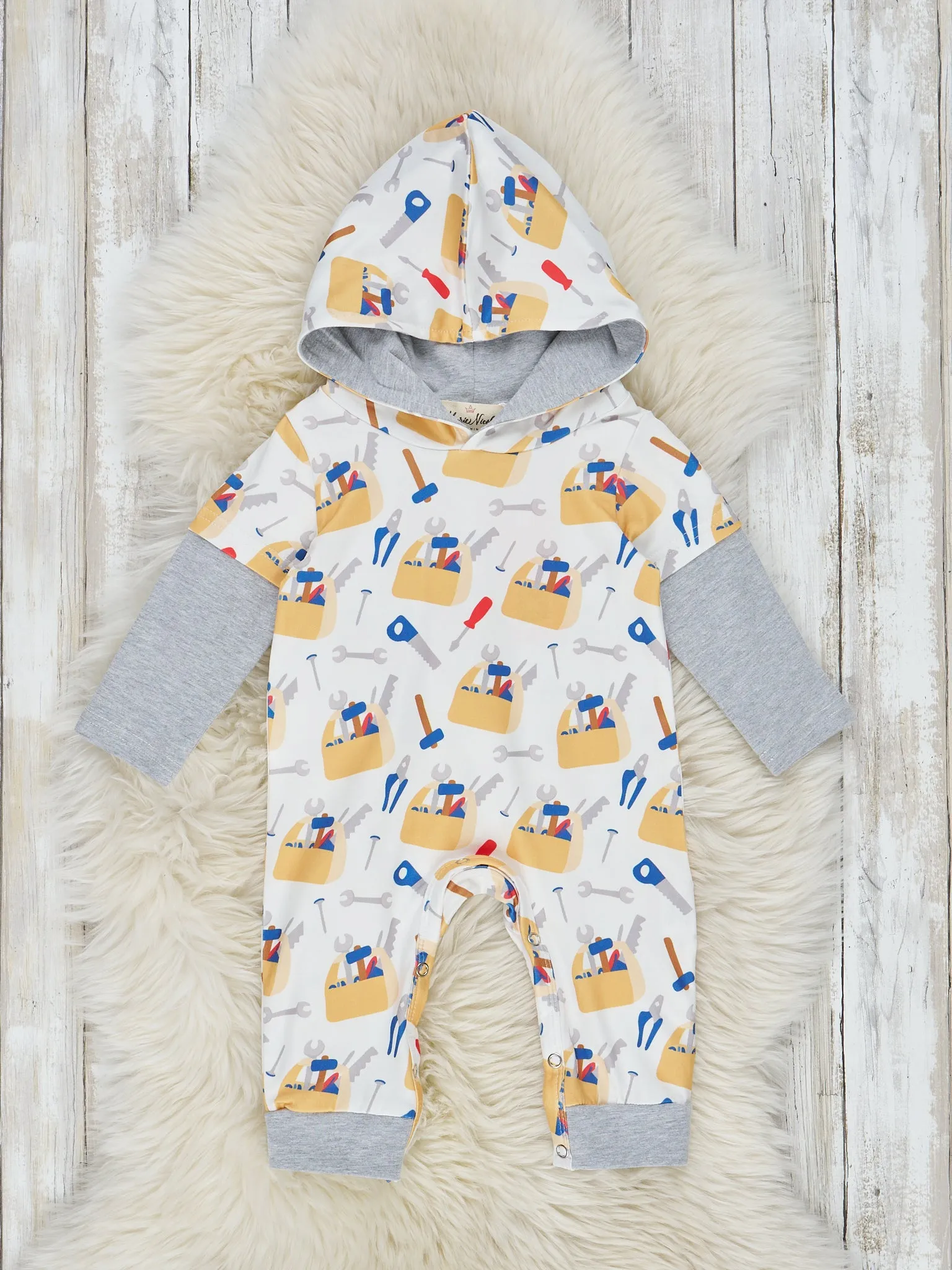 Grey & Yellow Toolbox Hooded Romper