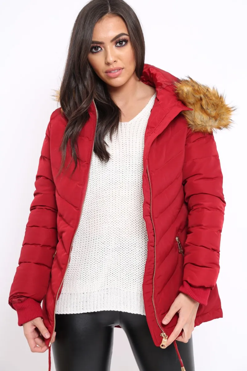 Red Padded Coat With Faux Fur Trim Hood - Jocelyn