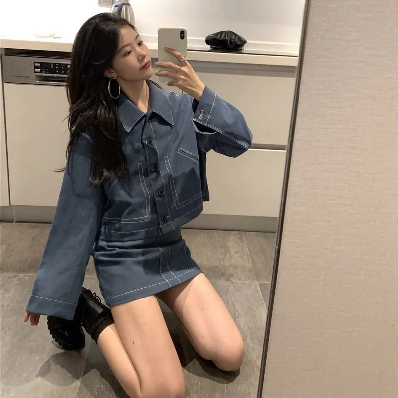 Two-Piece-Set: Denim Jacket   Matching Denim Mini Skirt