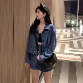 Two-Piece-Set: Denim Jacket   Matching Denim Mini Skirt