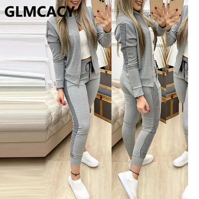 Women Long Sleeve Patchwork Jack & Drawstring Pants Set