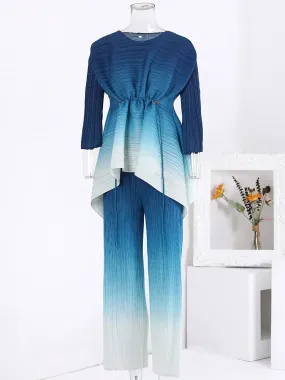 Women's 2 Piece Blue Pleated Matching Pants Set