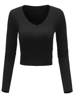 Women's Basic Casual Long Sleeve Stretch Solid Palin Crop Top Tee (FWT1081)