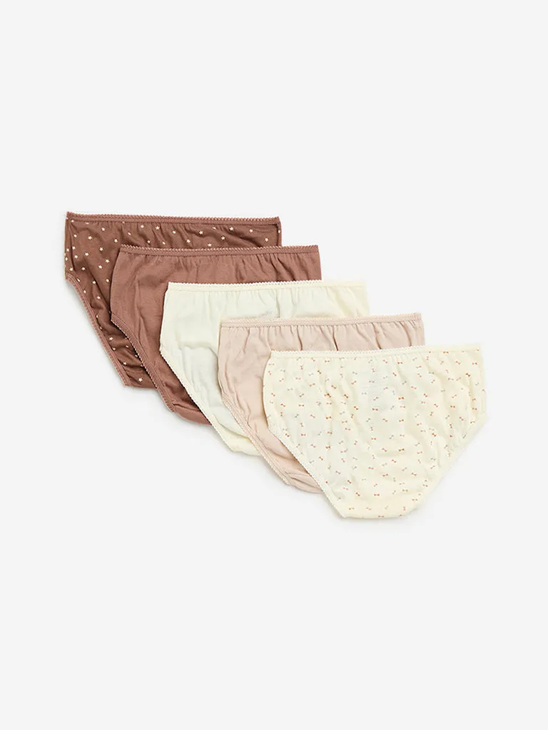 Y&F Kids Beige Printed Cotton Briefs - Pack of 5