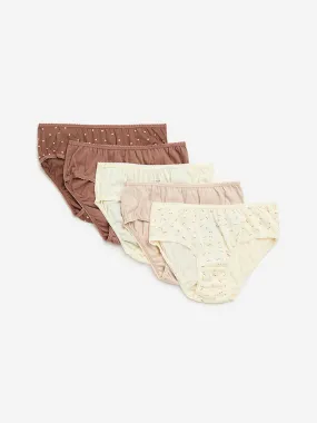 Y&F Kids Beige Printed Cotton Briefs - Pack of 5